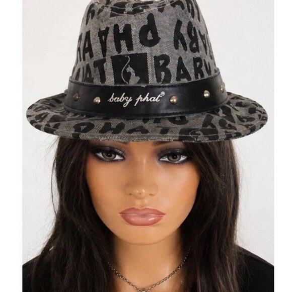 Vtg Baby Phat Fedora Hat Y2K Logo Spellout Monogram Studded Gray Black Denim main image 5